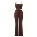 Détail de l'ensemble haut court marron chocolat et pantalon évasé à cordon - 2XL / Haut Et Bas / café