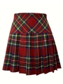 Detail of red high-waisted pleated skirt featuring a classic plaid tartan pattern - S / Red