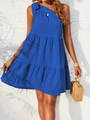 Blue one-shoulder tiered mini dress with bow strap and jacquard textured fabric - S / Blue