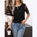 Elegant black knit T-shirt with sheer lace sleeves and floral embroidery for women - S / Black