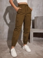 Women's high waist cargo pants in brown with elastic cuffs and large side pockets - S / Coffee