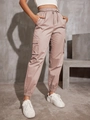Women's dusty pink high waist cargo pants with drawstring and large side flap pockets - S / Pink