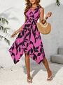 Robe midi sans manches avec imprimé feuilles fuchsia et ourlet irrégulier pour l'été - S / Violet