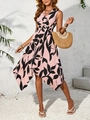 Vestido midi rosa sin mangas con estampado de hojas negras y dobladillo irregular de verano - S / Rosa Claro