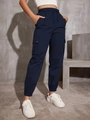 Women's high waist cargo joggers in dark blue with elastic drawstring and side flap pockets - L / Navy Blue