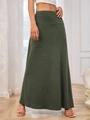 Women's minimalist high-waisted dark green knitted maxi skirt in a straight-cut silhouette - S / Army Green
