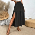 Macro shot of high-waist elastic waistband and textured fabric on black maxi skirt - S / Black