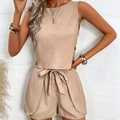 Detail of beige sleeveless top with side buttons and matching belted bow shorts set - S / Khaki