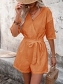 Tutina arancione a maniche corte in cotone ricamato con scollo a V e coulisse in vita - S / Arancione