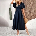Detail of navy blue V-neck dress with ruffle sleeves and split hem for summer vacation - S / Navy Blue