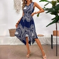 Abito senza maniche con scollo a V, stampa a onde blu navy e orlo asimmetrico - S / Blu navy
