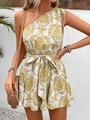 Detail of one-shoulder floral romper with yellow baroque print and drawstring waist ties - S / Yellow