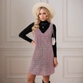 Vestido recto de tweed de pata de gallo rojo y blanco con top de punto negro debajo - Talla S / Rojo