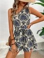 Detail of blue and white paisley pattern on summer one-shoulder romper with tie-waist - S / Navy Blue