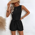 Women's black two-piece summer set with sleeveless button top and belted high waist shorts - S / Black