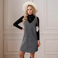 Conjunto de mujer con jersey negro de cuello alto y vestido de tweed de pata de gallo en blanco y negro - Talla S / Negro & Blanco