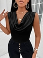 Elegant black sleeveless satin top with draped neckline and silky finish for women - S / Black