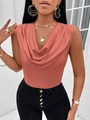 Chic coral cowl neck sleeveless satin top for women with a sleek and glossy slim fit - S / Coral Pink