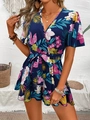 Tuta corta estiva da donna a fiori con scollo a V, maniche a volant e cintura in vita - S / Blu navy