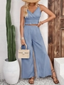 Conjunto de verano de dos piezas para mujer en azul claro con top de rayas jacquard y pantalón - 2XL / Azul Grisáceo