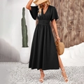 Elegant black V-neck maxi dress with butterfly sleeves and side slit for summer vacation - S / Black