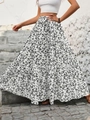 Detail of tiered floral maxi skirt with black ditsy print and elastic high waist - S / White