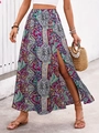 Bohemian paisley print high waist midi skirt with side slit for vacation look - S / Purple