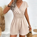 Beige V-neck romper featuring vertical pleat texture and elastic high waist design - Apricot