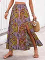 Jupe longue bohème à imprimé cachemire avec taille haute et fente latérale chic - S / Jaune