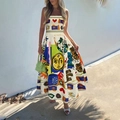 Detalle de vestido largo sin mangas con estampados abstractos de sol y de luna - S / Arcoíris