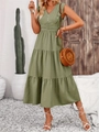 Grass green sleeveless maxi dress with V-neck, ruffle trim and tiered cake skirt detail - S / Grass Green