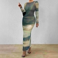 Slim fit bodycon maxi dress with green and blue tie-dye print and ruched detailing - S / Rainbow
