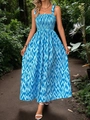Maxikleid mit blauem Wellenmuster, gesmoktem Oberteil und Schulterträgern zum Binden - S / Himmelblau