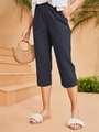 Pantalon court femme taille haute élastique bleu marine avec poches latérales - S / Bleu Marine