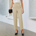 Pantalon de costume kaki taille haute pour femme avec plis et coupe business chic - L / Kaki