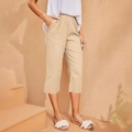 Pantalon court beige pour femme à taille haute élastique avec poches latérales - S / Beige