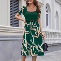 Dark green square neck puff sleeve dress with abstract prints and black waist belt - S / Green