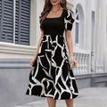 Slim fit black dress with square neck and white abstract print bubble sleeve skirt - S / Black