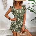 Grüner Boho-Jumpsuit mit Blumenprint, geraffter Taille und Rüschen für den Sommer - S / Grün