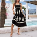 Elegante midi-jurk met zwart-wit contrastprint, gesmokt lijfje en brede schouderbanden - S / Zwart