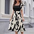 Slim square neck knit dress with puff sleeves and contrasting abstract print skirt - S / Apricot
