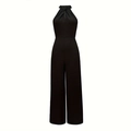 Elegante tuta nera con scollo all'americana, gamba larga e trama a coste - S / Nero