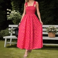 Sommer-Maxikleid mit rosa-orangefarbenem Wellenmuster, Smok-Oberteil und Trägern - S / Rot-Gelber Farbverlauf
