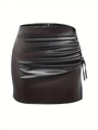 Sexy black PU leather mini skirt with side drawstring ruched detail and side tie design - XXL / Black