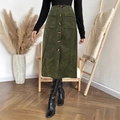 Women's deep green corduroy midi skirt with elastic waist and button-down front detailing - S / Army Green