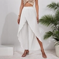 Eleganti pantaloni da spiaggia bianchi a vita alta, gamba larga con spacco e design a strati - S / Bianco