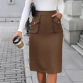 Dark brown cargo midi skirt with high waist design and large pockets in autumn style - S / Bottoms / Khaki