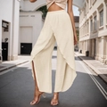 Elegant cream wrap-front wide-leg trousers with side slits for a breezy beach vacation look - S / Khaki