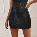 Slim fit high waisted mini skirt featuring shimmering black sequins in vertical rows - XXL / Black