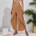 Eleganti pantaloni a portafoglio color cammello a vita alta con spacco per vacanze al mare - S / Cammello